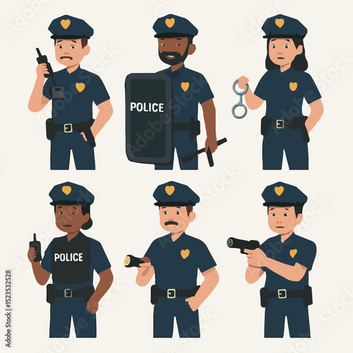 Vector Set Diverse Police Officer Characters Set with Equipment - Vector Illustration