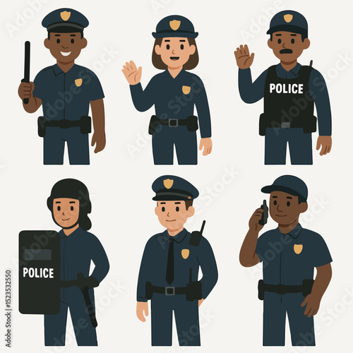 Vector Set Diverse Police Officer Characters Set with Equipment - Vector Illustration