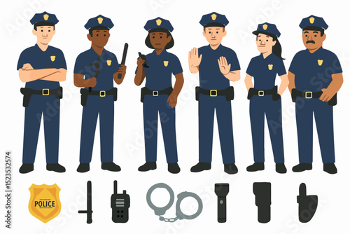 Vector Set Diverse Police Officer Characters Set with Equipment - Vector Illustration