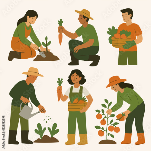 Vector Set People gardening and harvesting organic vegetables