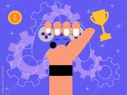 Player's hands hold joystick. Equipment of gamers. Games illustration. Flat vector illustration.