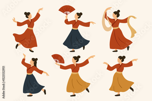 Vector Set Chinese dancers in traditional clothing performing
