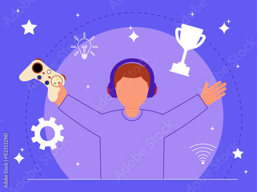 Video games player. Equipment of gamers. Games illustration. Flat vector illustration.