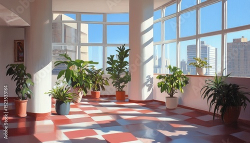 Bright indoor space with green plants and city view through large windows architecture