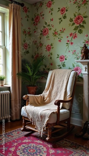 Cozy living room with floral wallpaper, antique furniture, and a crocheted blanket on a rocking chair; perfect for nostalgic, vintage, or homely projects , living room, antique, grandma