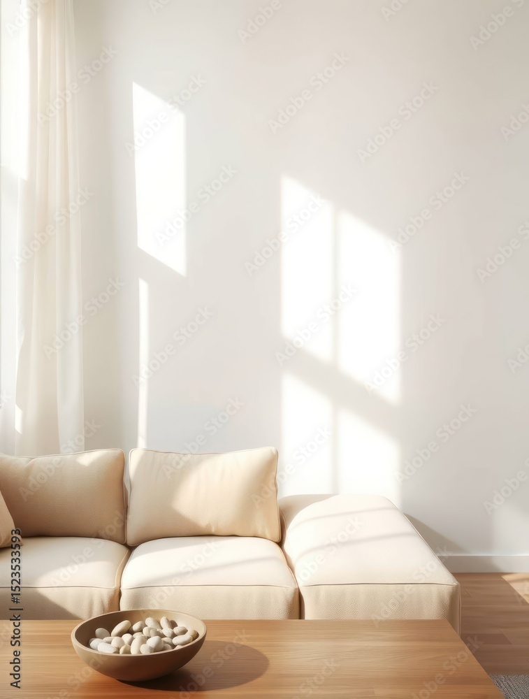 Fototapeta premium Bright and airy living room with natural sunlight, cream sofa, and minimalist decor