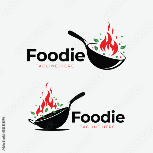 Wok And Flames Logo Design For Cooking Restaurant Kitchen Service, Modern Food Brand Identity Vector Illustration Template
