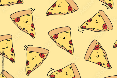 Pizza cartoon background pattern. hand drawn seamless pattern. Pizza background for fabric design, textile print, wrapping paper, cover. Vector illustration.