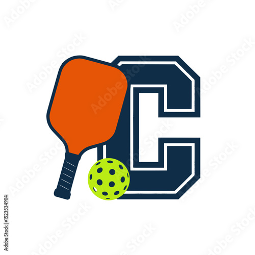 Pickleball paddle and ball with navy varsity letter, Orange pickleball paddle and neon green ball positioned in front of a bold navy blue varsity-style letter C on white background.

