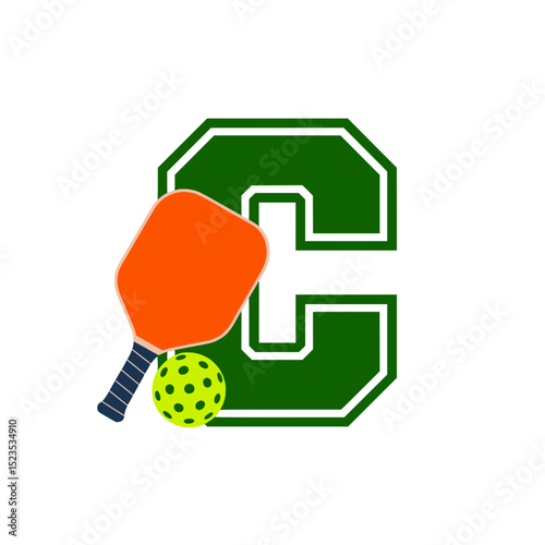 Pickleball paddle and ball with varsity letter, Bright orange pickleball paddle and green perforated ball placed over a bold varsity-style green letter C on light background.

