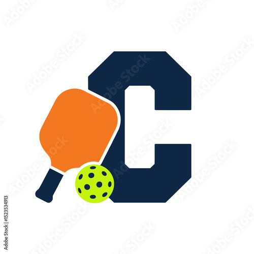 Pickleball paddle and ball with navy varsity letter, Orange pickleball paddle and neon green ball positioned in front of a bold navy blue varsity-style letter C on white background.

