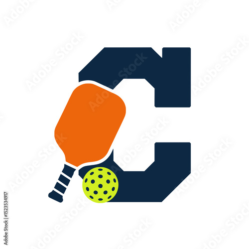 Pickleball paddle and ball with navy varsity letter, Orange pickleball paddle and neon green ball positioned in front of a bold navy blue varsity-style letter C on white background.

