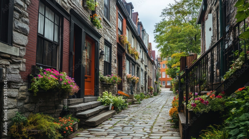 Obraz premium A charming cobblestone alleyway lined with historic buildings adorned with flowers.