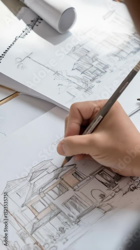 Close-up of architectural designer hand sketching residential house exterior using pencil on paper in natural lighting, design process, architecture blueprint
