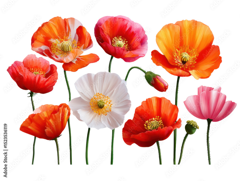 Naklejka premium Poppy Symphony: A vibrant collection of colorful poppies, their delicate petals unfurling in a captivating display of nature's artistry. Showcasing the diversity of floral beauty.