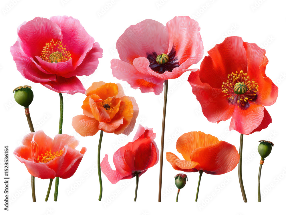 Fototapeta premium Vibrant Poppies in Bloom: A captivating display of colorful poppies in various stages of bloom, showcasing the delicate petals and intricate details of these elegant flowers.