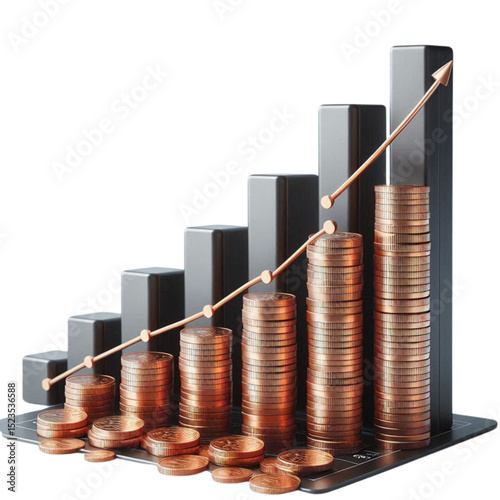 3d Bar Graph Growing with gold Coins and business success statistics ,business graph with coins.