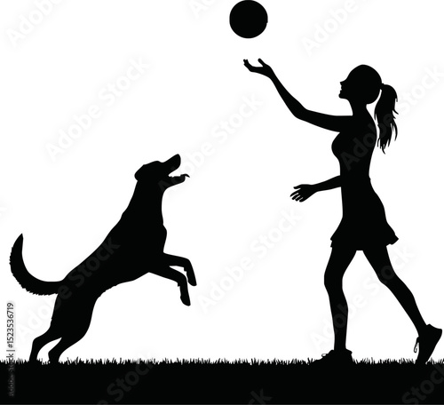 Silhouette of a person throwing ball for dog isolated vector on white background