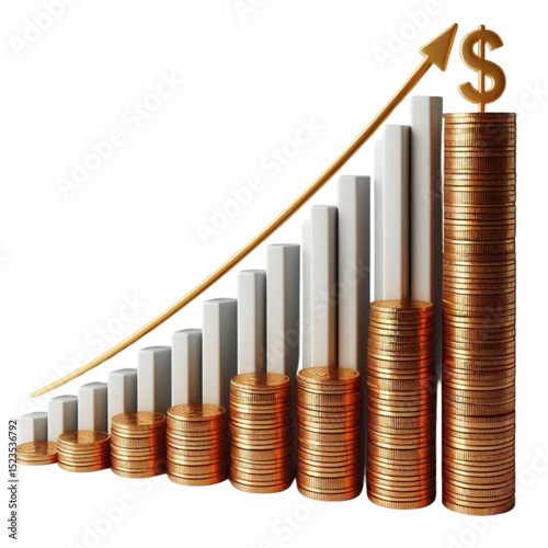 3d Bar Graph Growing with gold Coins and business success statistics ,business graph with coins.