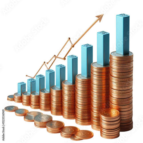 3d Bar Graph Growing with gold Coins and business success statistics ,business graph with coins.