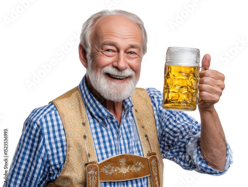 Happy Senior with Beer Stein: A jovial senior gentleman, sporting a traditional vest, smiles broadly while holding up a large beer stein, giving a thumbs-up.