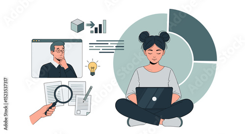 Woman sitting with laptop surrounded by data charts and business related icons and a man on a screen