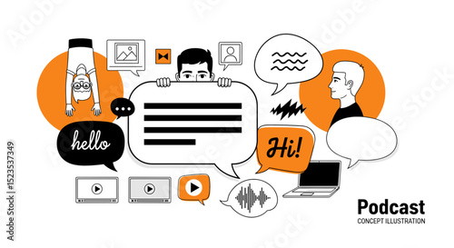 Illustrative depiction of podcasting with speech bubbles and diverse digital media elements shown here