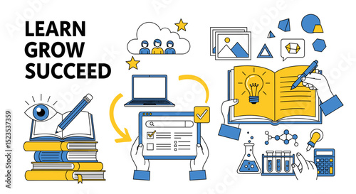 Illustration showcasing education elements including books, laptop, and scientific tools for learning process