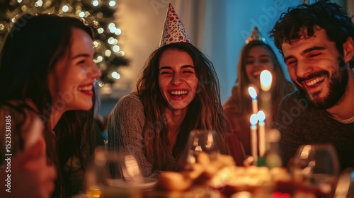 Smiling friends celebrating a birthday with cake candles and lights