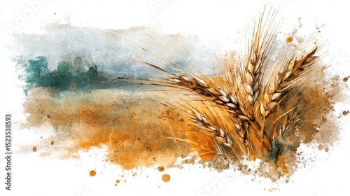 Golden wheat field watercolor painting, serene landscape of rural tranquility golden