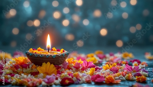 Diwali diya, flowers, greeting card.