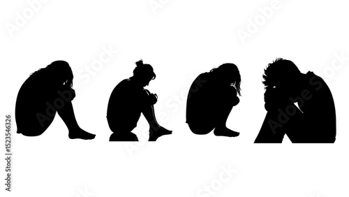 Four solitary figures sit huddled, isolated on white background, their black silhouettes conveying a sense of profound sadness and isolation vector file
