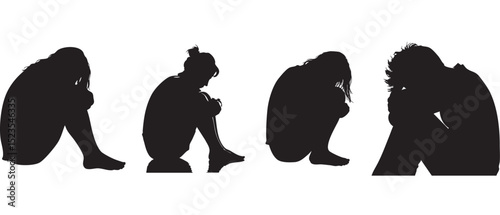 Four solitary figures sit huddled, isolated on white background, their black silhouettes conveying a sense of profound sadness and isolation vector file