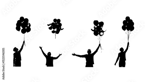 Silhouetted figures joyfully release bunches of balloons into a bright white sky, isolated on white background