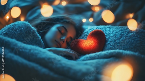 A person sleeping peacefully under a soft blanket with a heart shaped pillow and dreamlike atmosphere