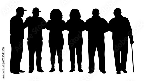 Six figures stand shoulder to shoulder in a unified silhouette, isolated on white background vector file