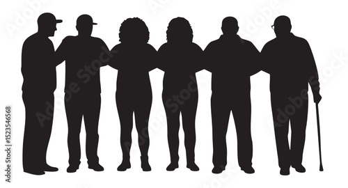 Six figures stand shoulder to shoulder in a unified silhouette, isolated on white background vector file