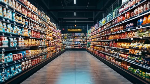 Grocery store aisle filled with colorful food products and supermarket shelves
