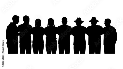 A united group of diverse individuals stand shoulder to shoulder, arms linked in a powerful symbol of solidarity, isolated on white background