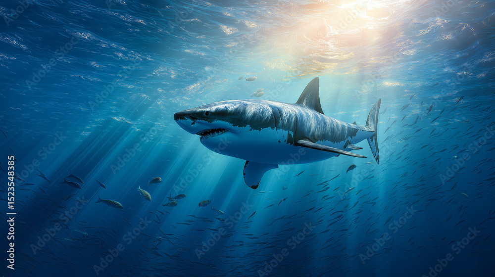 Obraz premium Great white shark swimming gracefully through deep blue ocean water under sunlight beams. 