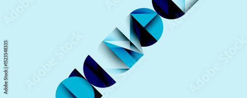 Abstract geometric shapes form diagonal text. Blue hues dominate light background. Modern design suggests technology, innovation.