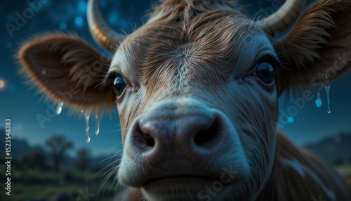 Close-up of a cow's face with a dramatic expression in a cinematic evening landscape