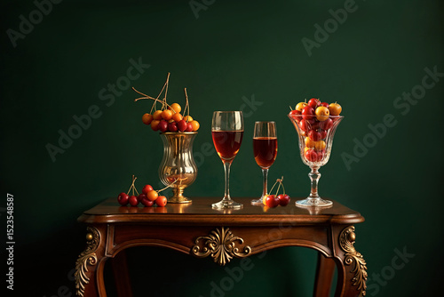 Elegant still life with red and yellow cherries in decorative bowls and glasses on a wooden table
