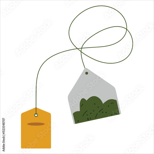 Teabag with yellow label isolated on white. Simple beverage icon for tea brands, cafes, and packaging designs.