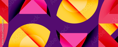 Abstract geometric shapes, vibrant colors, pink, yellow, purple. Modern design, overlapping forms create dynamic composition.
