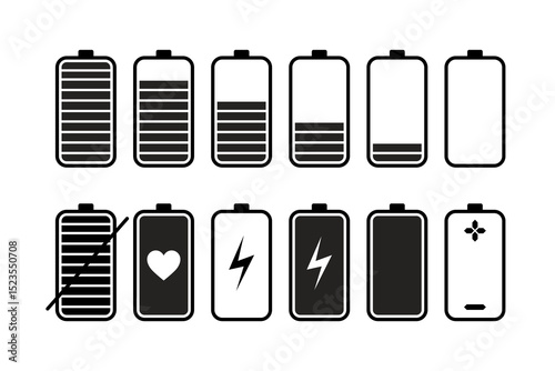 Battery icon set. Battery Full charge indicator or low charge sign. Level battery Energy powerfully full.