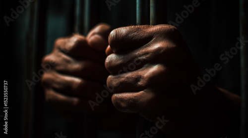 Close-up of hands gripping prison bars, symbolizing imprisonment and lack of freedom.
 photo