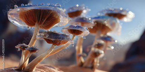 Closeup Macro Photograph of DewCovered Mushrooms Nature Photography photo