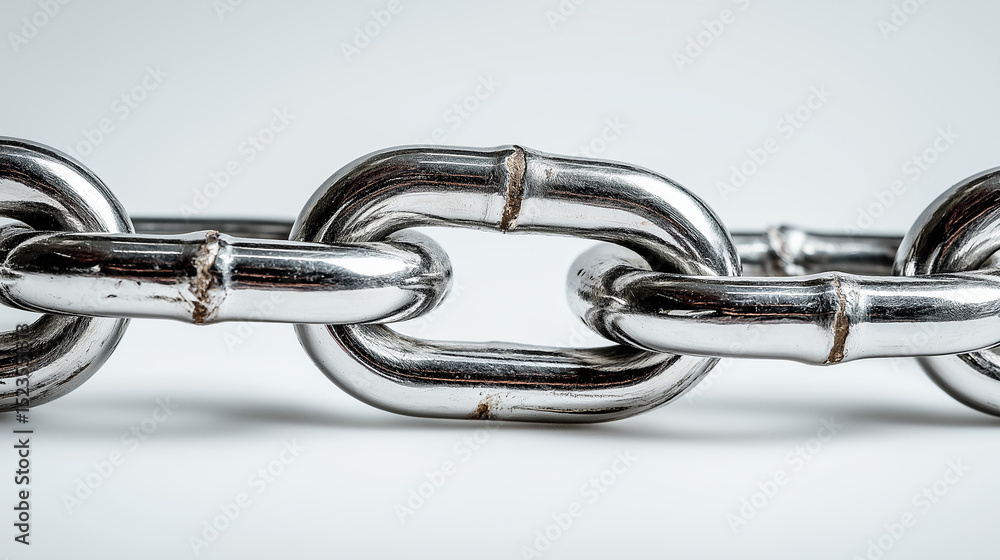 Obraz premium Close-up of a shiny metal chain on a white background symbolizing strength and connection. 