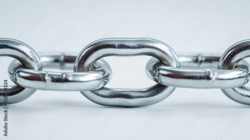 Obraz premium Close-up of a shiny metal chain on a white background symbolizing strength and connection. 